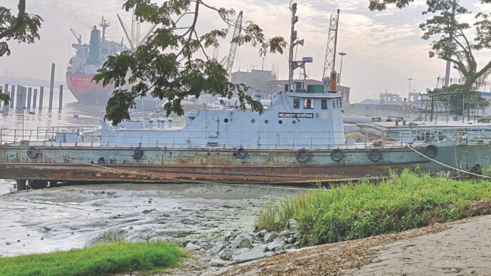 A broken patrol boat of Custom House Chattogram is beached near Jetty-1 at Chittagong Port. This is one of the two vessels bought by the Custom House in the mid-80s. The boats have been of no use for almost a decade and attempt to repair have failed. photo: Mohammad Suman