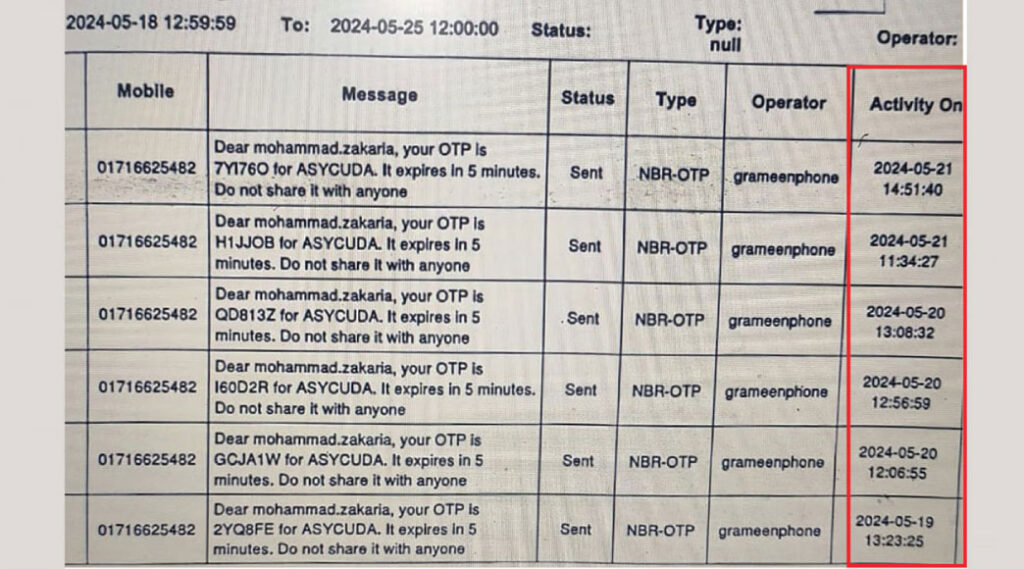 The NBR server did not generate any OTP in those hours as seen in this system-generated OTP records from NBR.