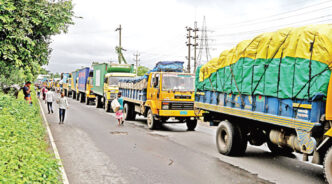 The disruption on the highway caused by floods has severely impacted transport of export containers and imported goods as the highway connects the capital to Chattogram port. The photo was taken from Lalpol area of Feni. Photo: Rajib Raihan