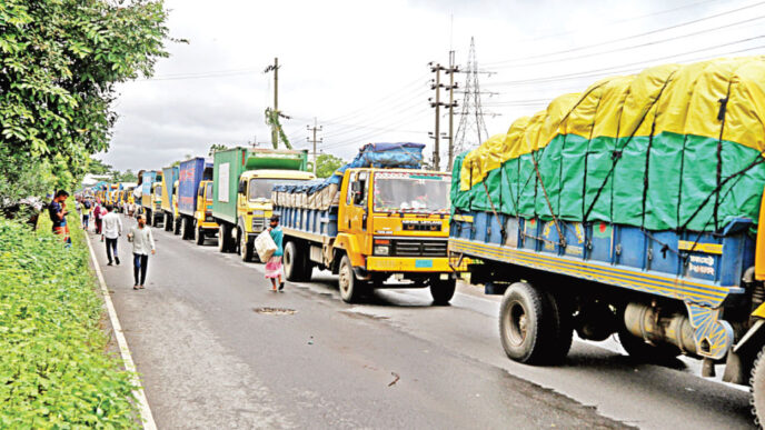 The disruption on the highway caused by floods has severely impacted transport of export containers and imported goods as the highway connects the capital to Chattogram port. The photo was taken from Lalpol area of Feni. Photo: Rajib Raihan