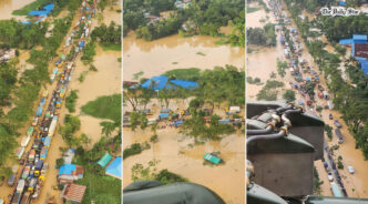 Vehicular movement came to a halt on Dhaka-Chattogram highway due to flash floods brought on by heavy rainfall and rush of water from upstream. Photo: Collected